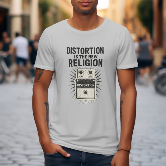 Distortion is the new religion t-shirt with electric guitar effects design