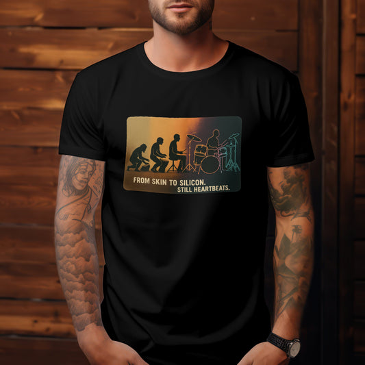 Evolution of man t-shirt showing music evolution from ape to musician