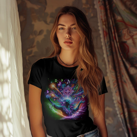 Vibrant music t-shirt featuring colourful musical notes design