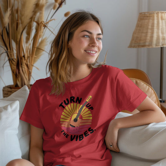 Retro vibes guitar t-shirt featuring vintage acoustic guitar design