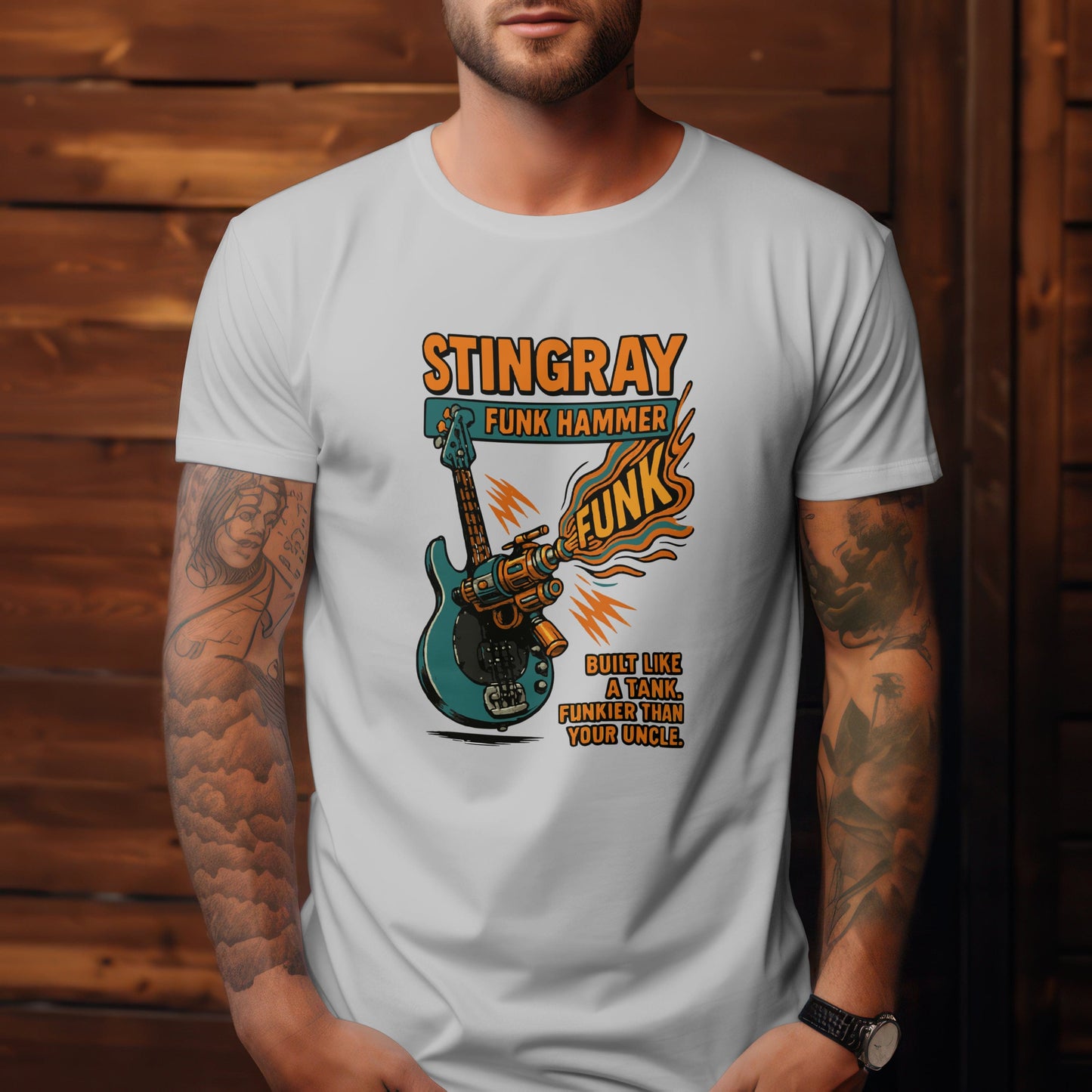 Stingray funk hammer t-shirt featuring bass guitar design for funk musicians