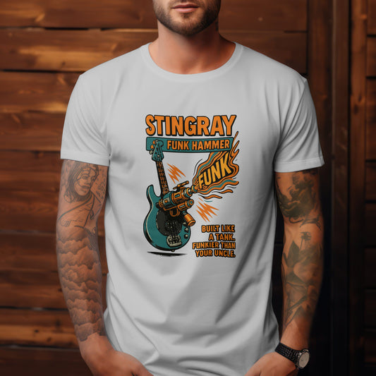 Stingray funk hammer t-shirt featuring bass guitar design for funk musicians
