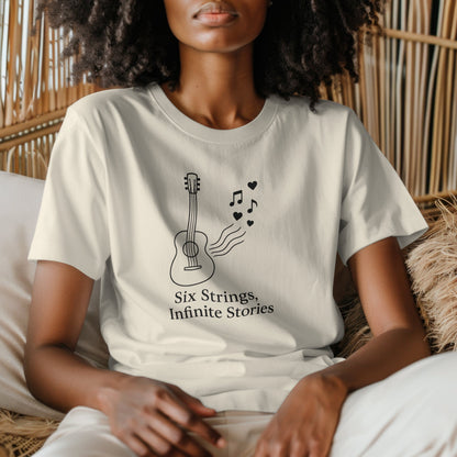 Six strings infinite stories t-shirt celebrating guitar music design