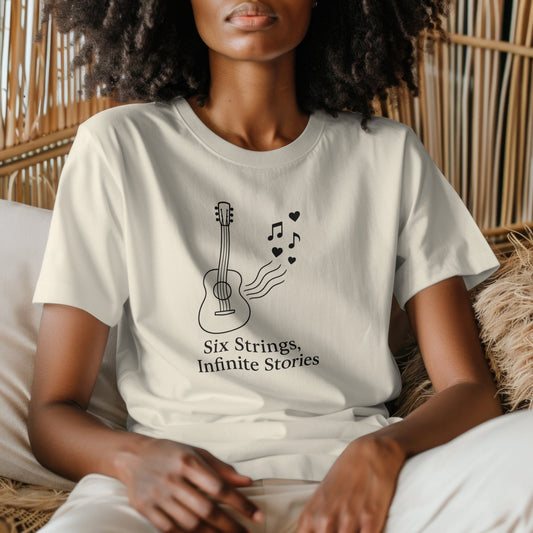 Six strings infinite stories t-shirt celebrating guitar music design