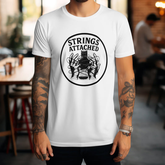 Strings attached t-shirt with guitar humour pun design for musicians
