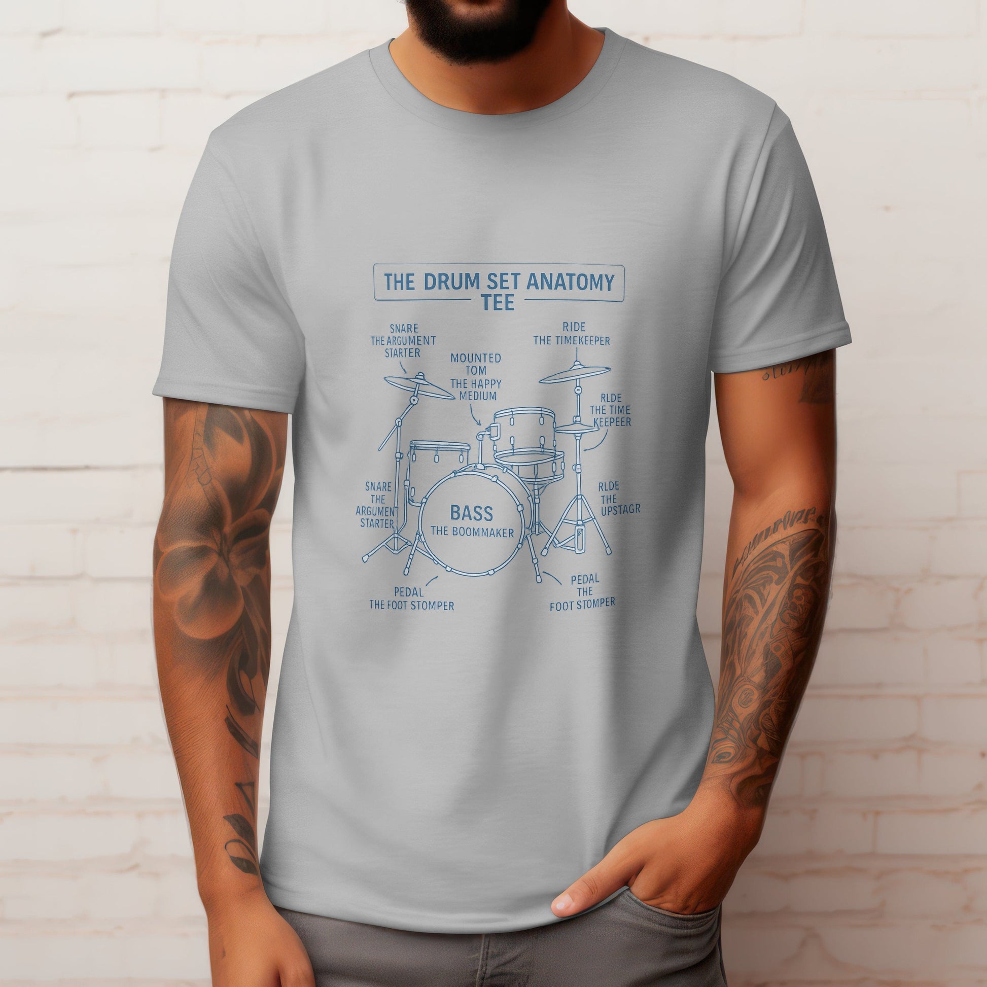 Drum set anatomy t-shirt featuring percussion kit guide for drummers