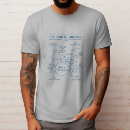 Drum set anatomy t-shirt featuring percussion kit guide for drummers