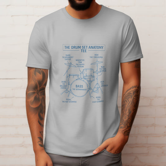 Drum set anatomy t-shirt featuring percussion kit guide for drummers