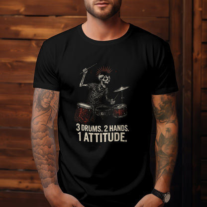 Rockin' skeleton drummer t-shirt with attitude skull percussion design