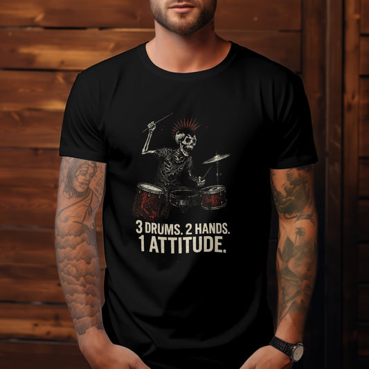 Rockin' skeleton drummer t-shirt with attitude skull percussion design