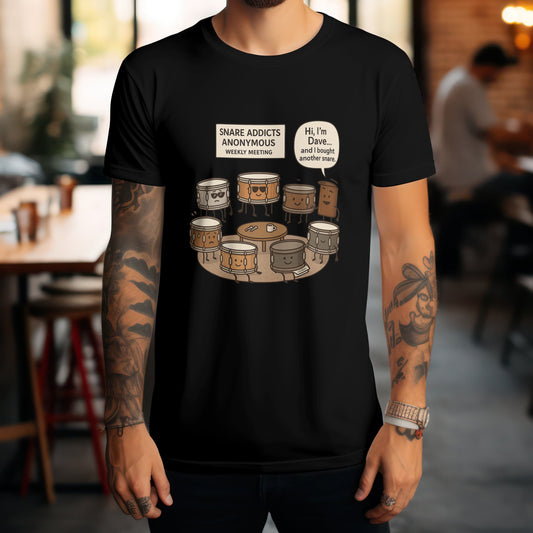 Snare addicts anonymous t-shirt featuring drummer humour design for percussion fans
