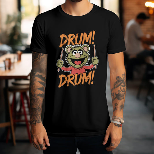 Playful drums t-shirt featuring fun colourful percussion kit design