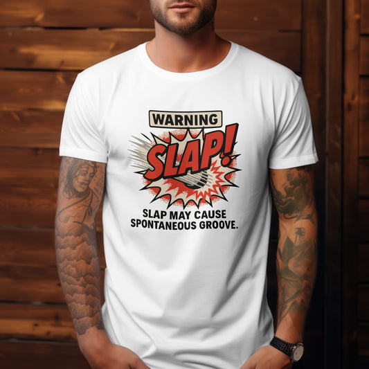 17.	Warning slap bass t-shirt with funny musician humour for bass guitar players