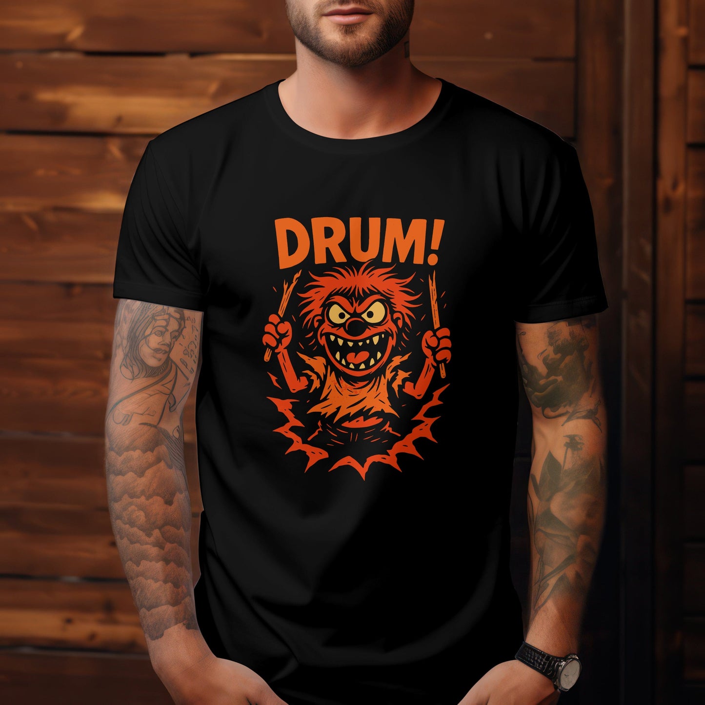 Drum exclamation graphic t-shirt with bold percussion typography design