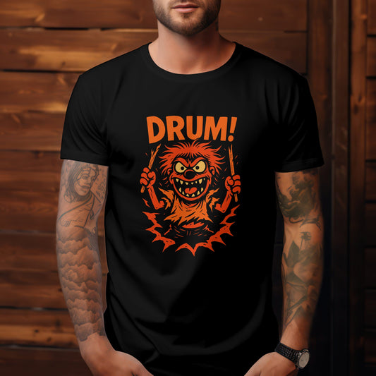Drum exclamation graphic t-shirt with bold percussion typography design