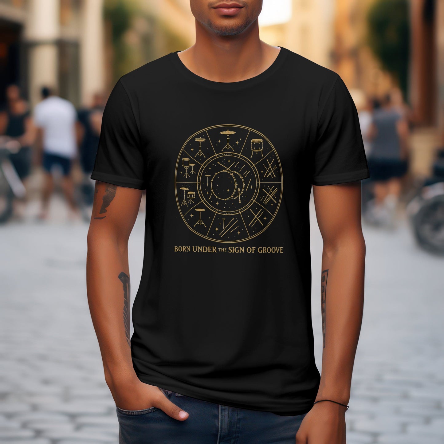 Born under sign of groove t-shirt combining astrology with music design