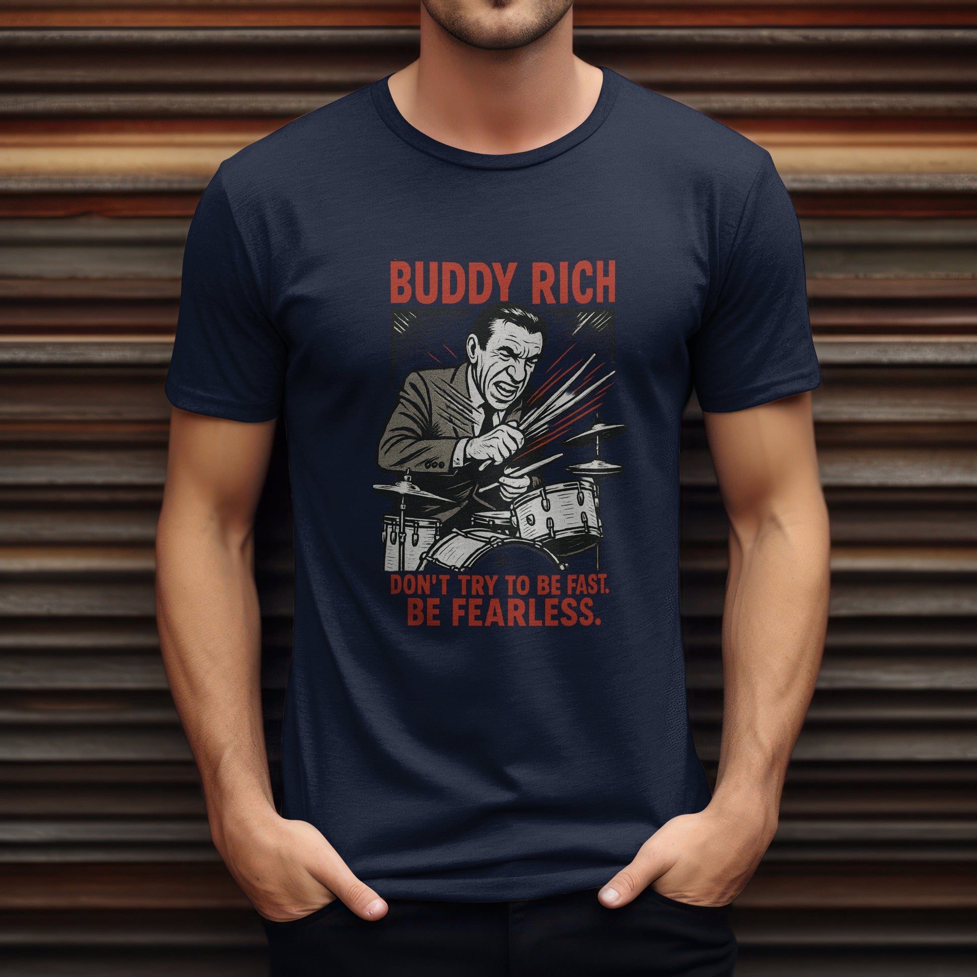 Buddy Rich t-shirt honouring jazz drummer legend with vintage percussion design