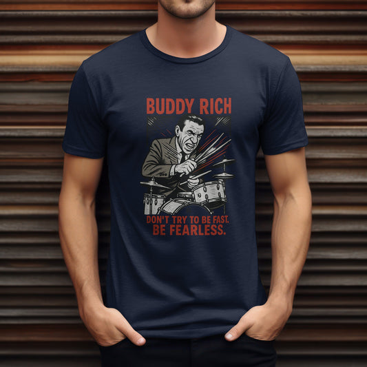Buddy Rich t-shirt honouring jazz drummer legend with vintage percussion design