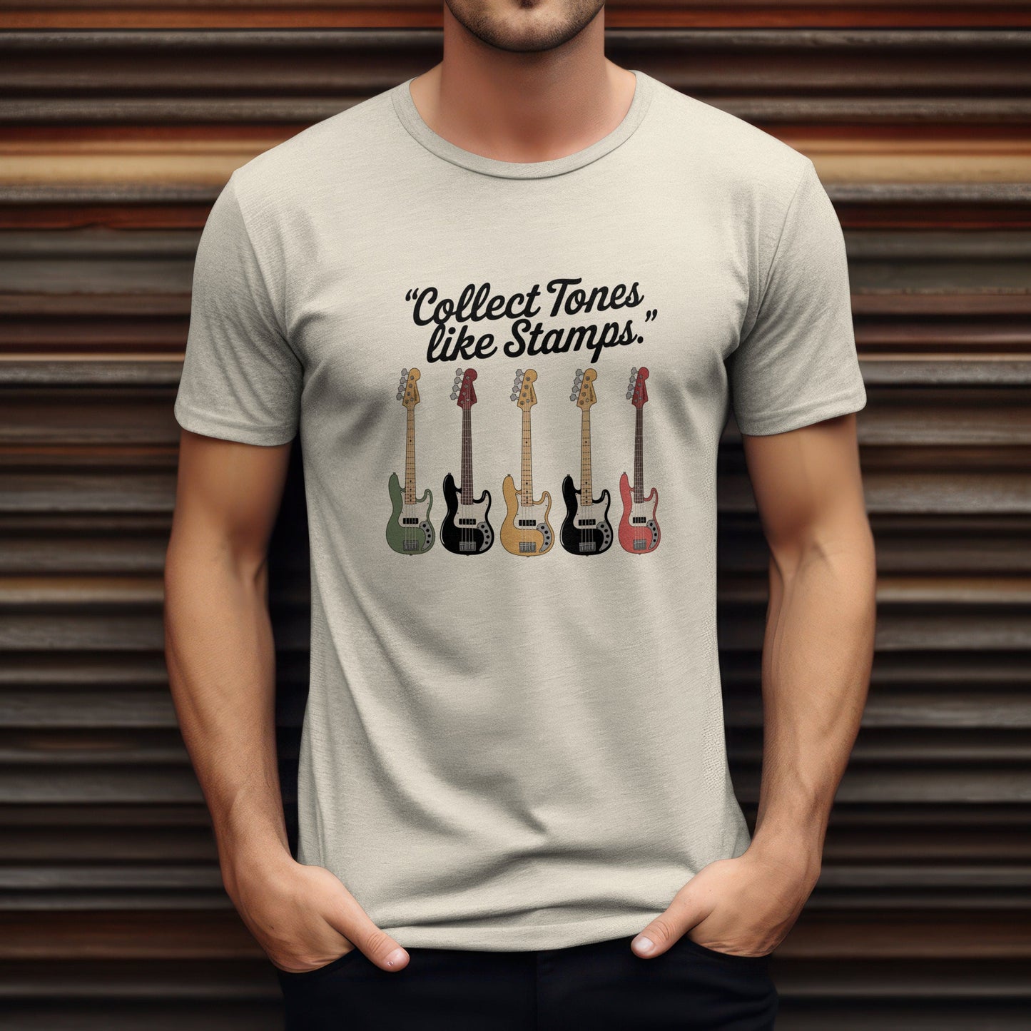 Collect tones like stamps t-shirt with music quote design for guitar enthusiasts