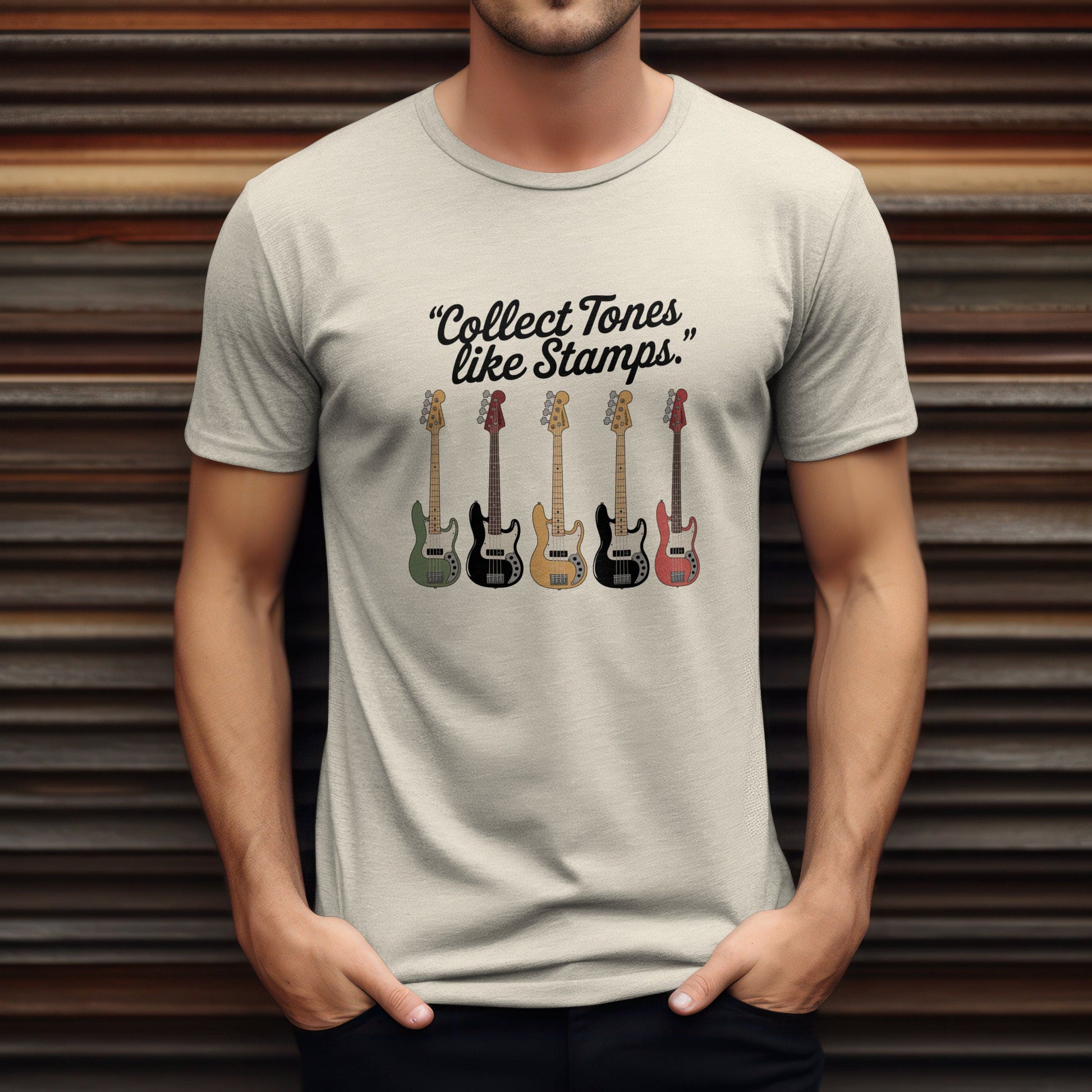 Collect tones like stamps t-shirt with music quote design for guitar enthusiasts