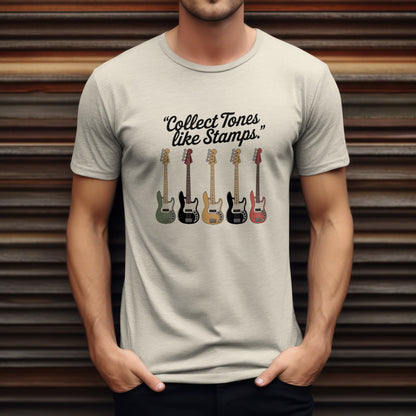 Collect tones like stamps t-shirt with music quote design for guitar enthusiasts