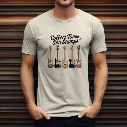 Collect tones like stamps t-shirt with music quote design for guitar enthusiasts