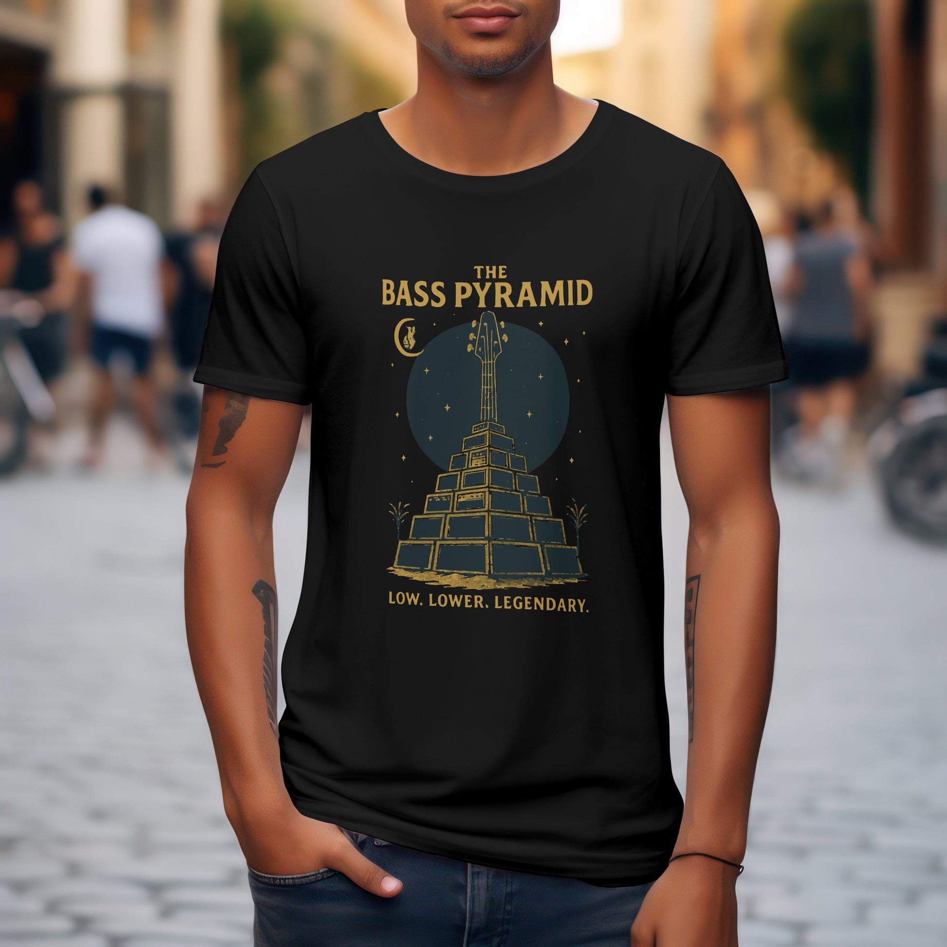 Bass pyramid t-shirt featuring geometric music design for bass guitar players