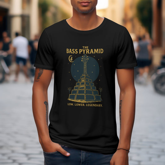 Bass pyramid t-shirt featuring geometric music design for bass guitar players