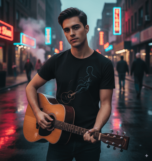 Guitar connection t-shirt featuring string instrument design