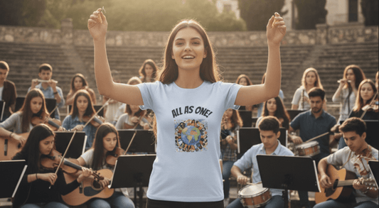 All as one t-shirt promoting global unity through music design