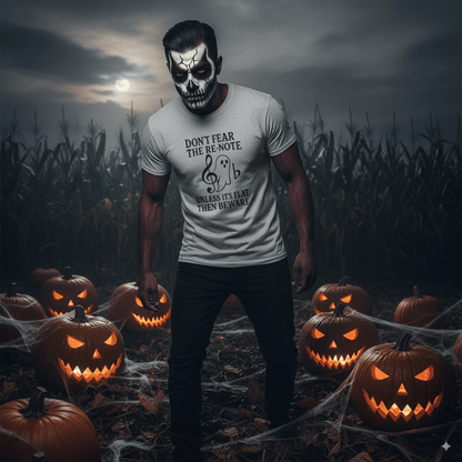 Ghost note music humour t-shirt with cute ghost character representing musical ghost notes