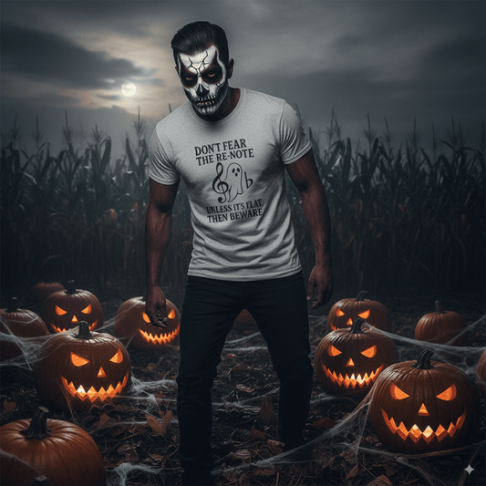 Ghost note music humour t-shirt with cute ghost character representing musical ghost notes