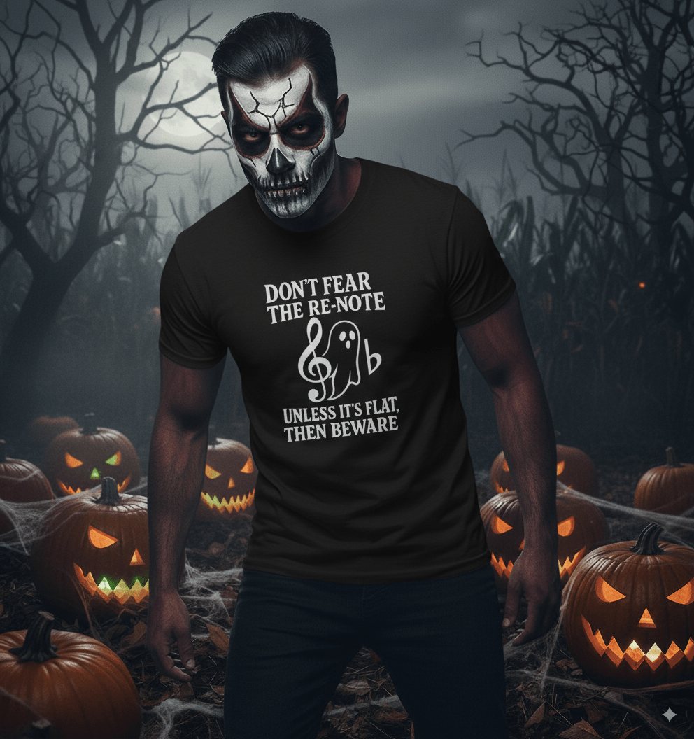 Ghostly music humour t-shirt with funny ghost character making musical jokes design