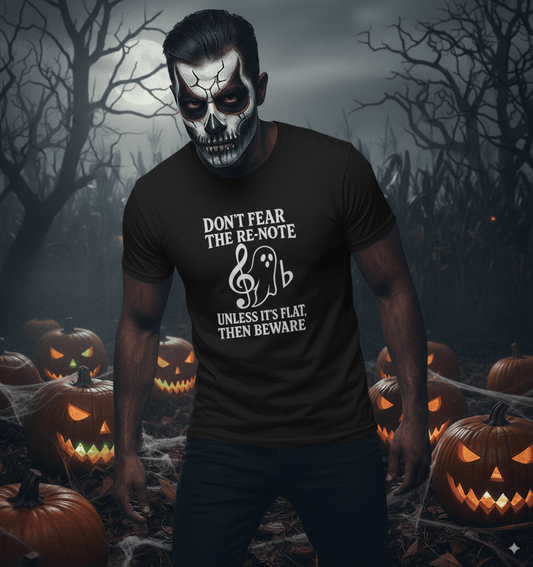 Ghostly music humour t-shirt with funny ghost character making musical jokes design