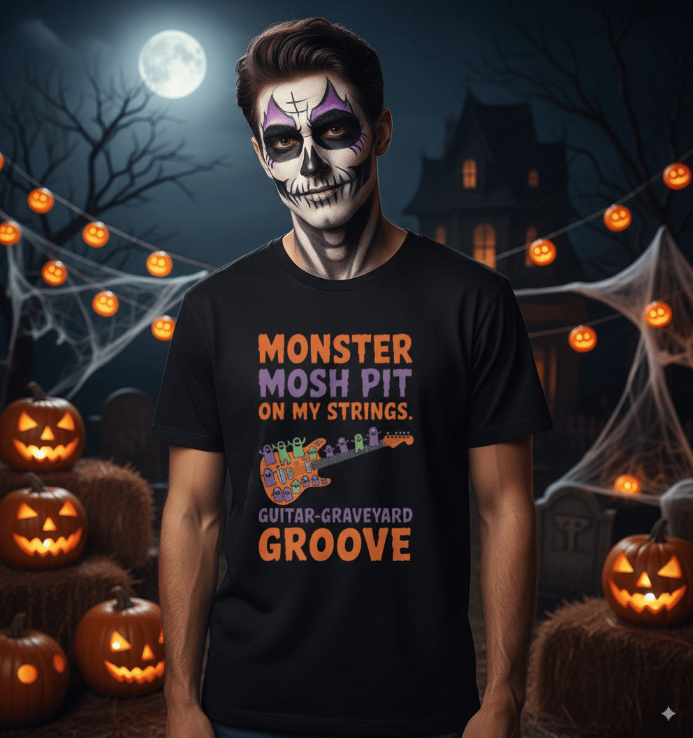 Monster mosh pit t-shirt with monster characters in guitar festival mosh pit design