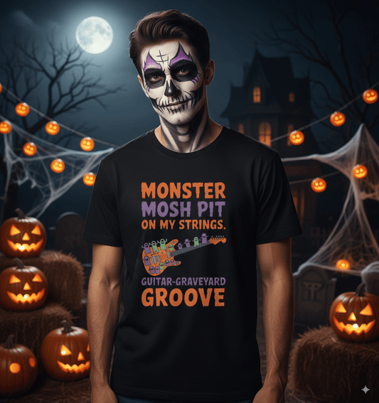 Monster mosh pit t-shirt with monster characters in guitar festival mosh pit design