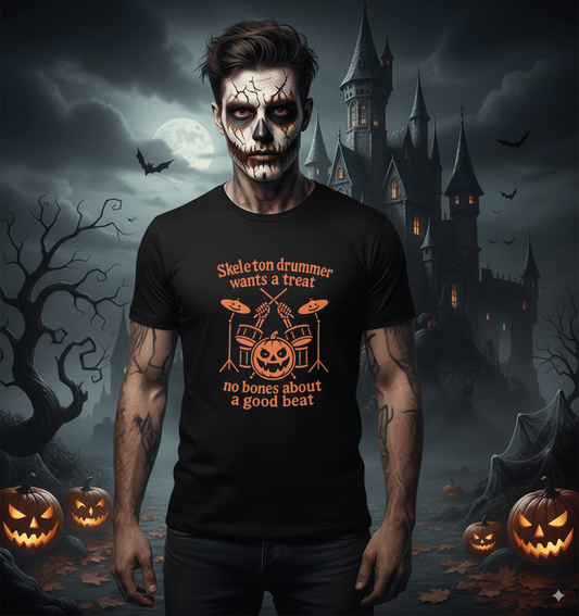Halloween skeleton drummer t-shirt with spooky skeleton playing drums design