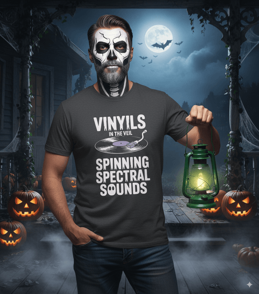 Vinyl vibes Halloween t-shirt with vintage record player and retro music design elements