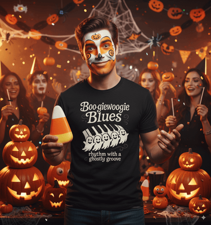 Boo-giewoogie blues Halloween t-shirt with ghostly boogie-woogie piano and rhythm design