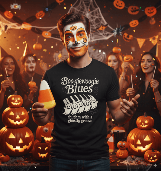 Boo-giewoogie blues Halloween t-shirt with ghostly boogie-woogie piano and rhythm design