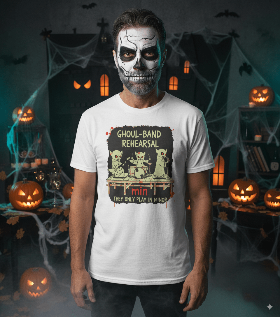 Ghoul-band rehearsal Halloween t-shirt with spooky ghost band members practicing music