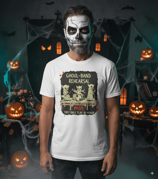 Ghoul-band rehearsal Halloween t-shirt with spooky ghost band members practicing music