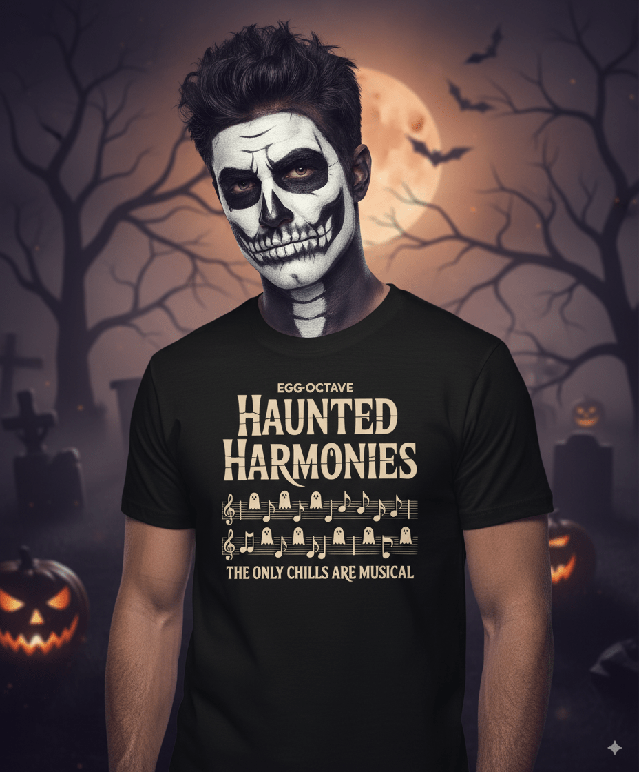 Haunted harmonies Halloween t-shirt with ghostly musical notes and spooky harmony design