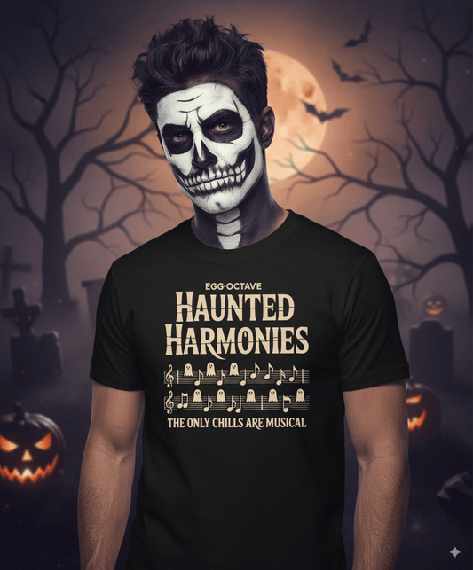 Haunted harmonies Halloween t-shirt with ghostly musical notes and spooky harmony design