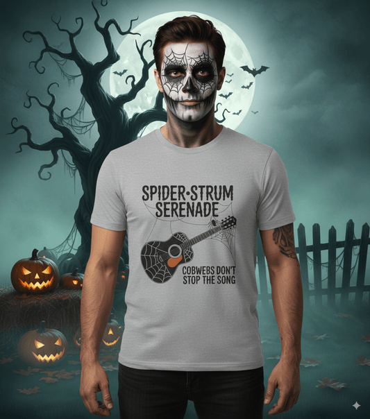 Spider strum serenade Halloween t-shirt with spider playing guitar in spooky web design