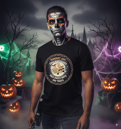 Midnight jam music festival t-shirt with night time musical session and treats design