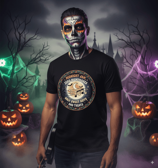 Midnight jam music festival t-shirt with night time musical session and treats design