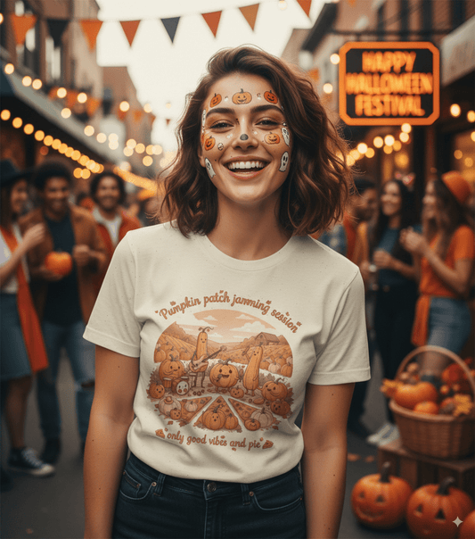 Pumpkin patch jammin' Halloween t-shirt with musical pumpkins and guitar elements design