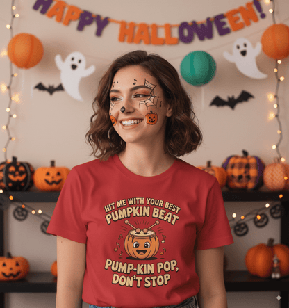 Funny pumpkin beat Halloween music t-shirt with orange pumpkin and musical notes design