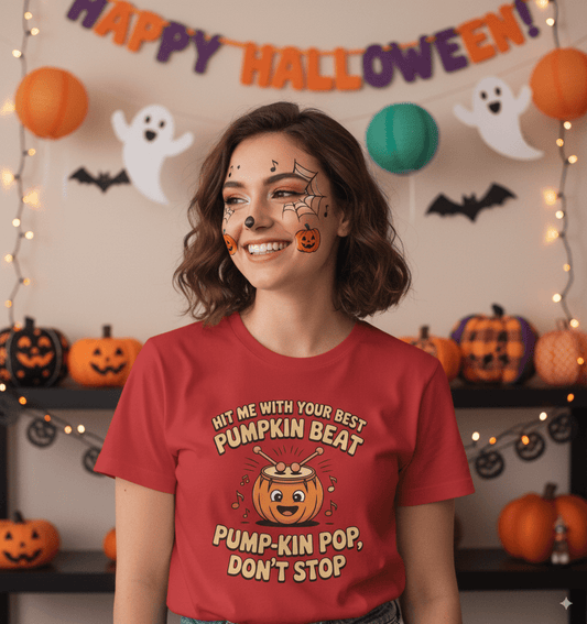 Funny pumpkin beat Halloween music t-shirt with orange pumpkin and musical notes design